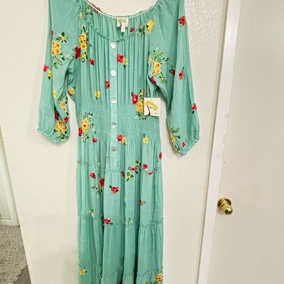 Anthropologie Fig and Flower Aqua Floral Embroidered Maxi Dress Button Front - Picture 5 of 12